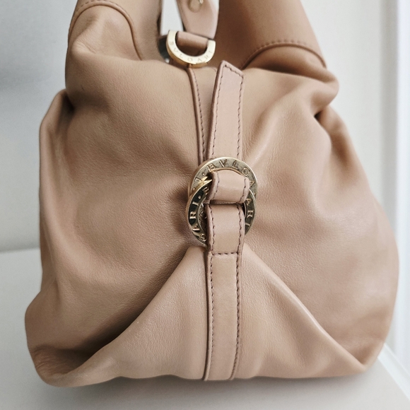 Authentic BVLGARI Chandra Ring Logo Nude Leather Sloutch Hobo Tote Shoulder Bag - Picture 3 of 16